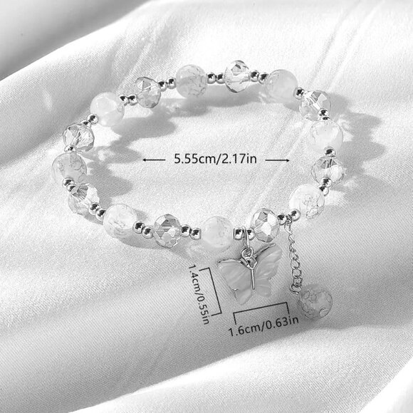 Butterfly Bead Bracelet Minimalist Dangle Charm Stretchy Gold White Y2K Style - Picture 2 of 2
